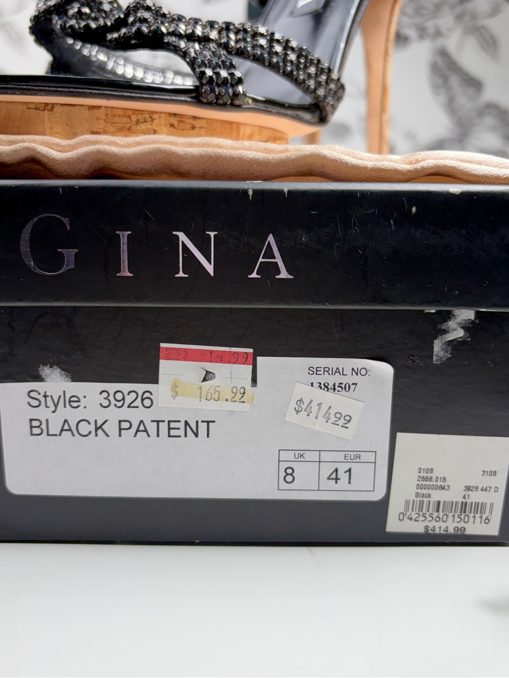 Gina Patent Leather 5” Cork Wrapped Platform Heel w/ Rhinestone Strap, Sz 11 - Picture 6 of 9